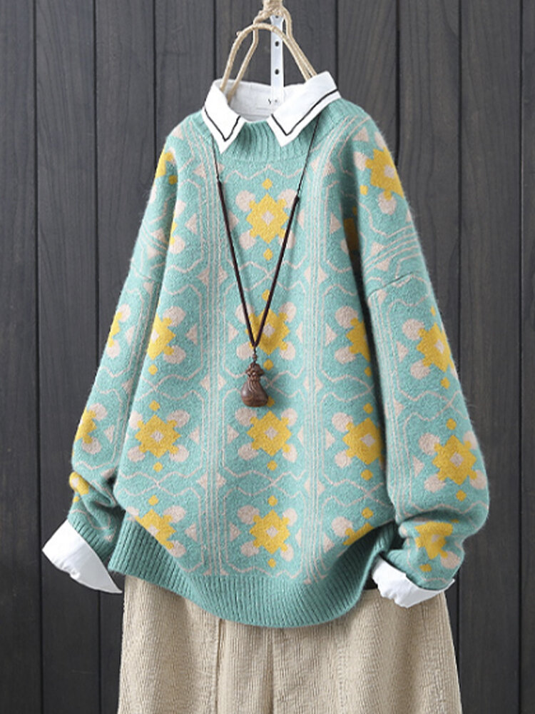 
	Floral Jacquard Print Pullover Long Sleeve Knit Vintage Sweater