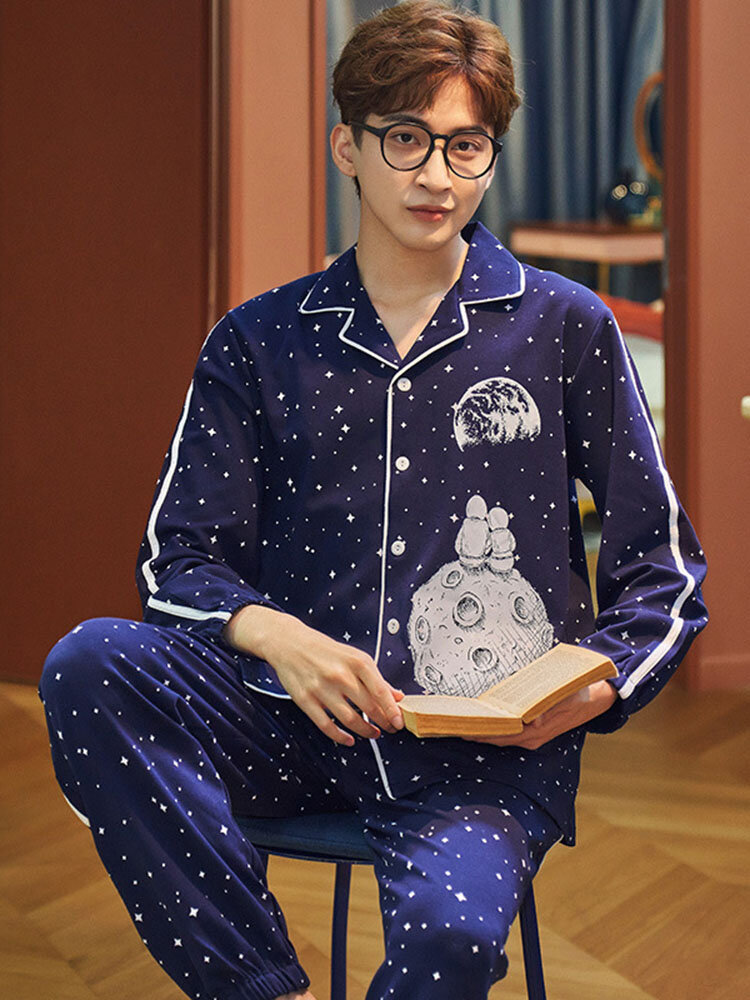 
	Moon Starry Pattern Printing Button Lapel Pajamas Set