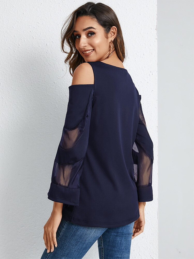 
	Solid Mesh Stitch Off-shoulder Long Sleeve Blouse