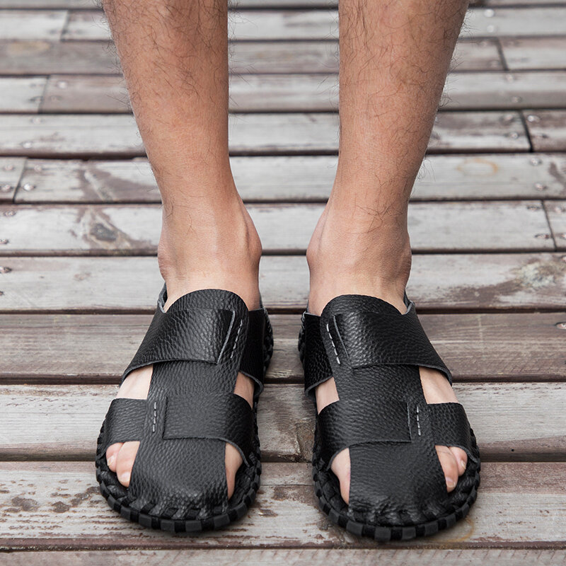 
	Men Soft Cow Leather Hand Stitching Casual Shoes Hollow Out Sandals