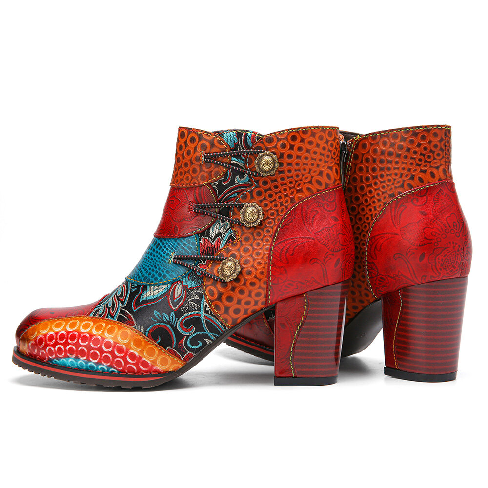 
	SOCOFY Vintage Buckle Genuine Leather Splicing Zipper Ankle Square Heel Boots