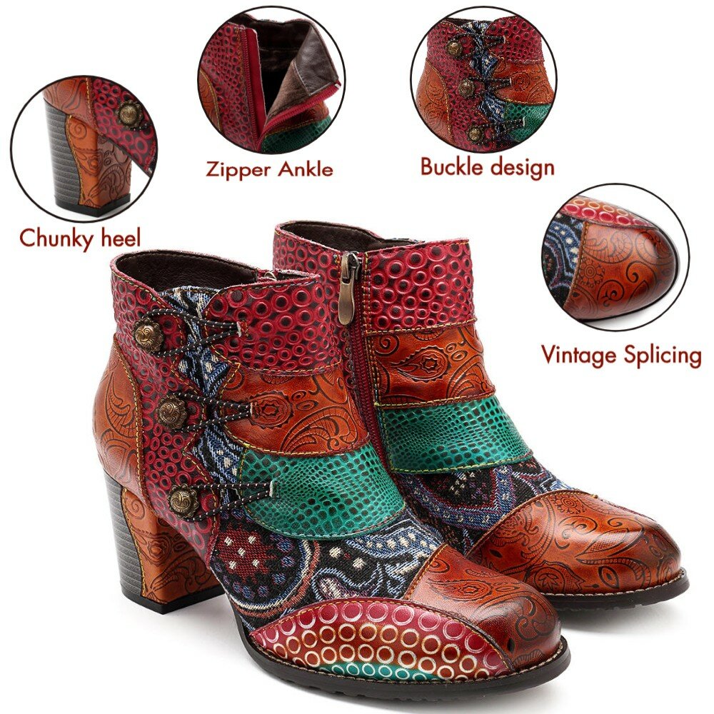 
	SOCOFY Vintage Buckle Genuine Leather Splicing Zipper Ankle Square Heel Boots