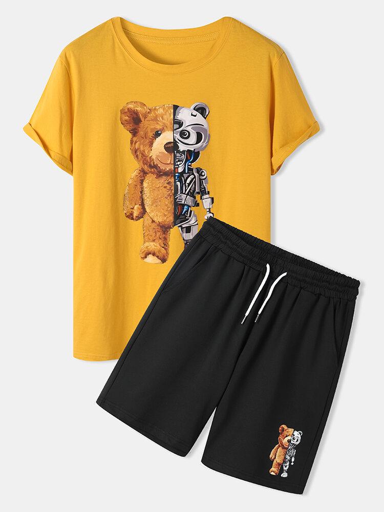 
	Mens Mechanical Bear Print Short Sleeve Drawstring Pocket Two Piece Outfits