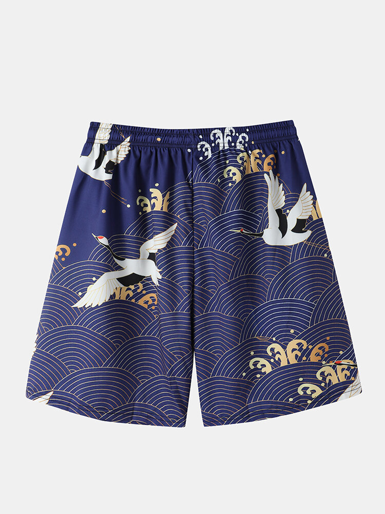 
	Mens Ethnic Style Crane Print Open Front Kimono Casual Two Pieces Outfits