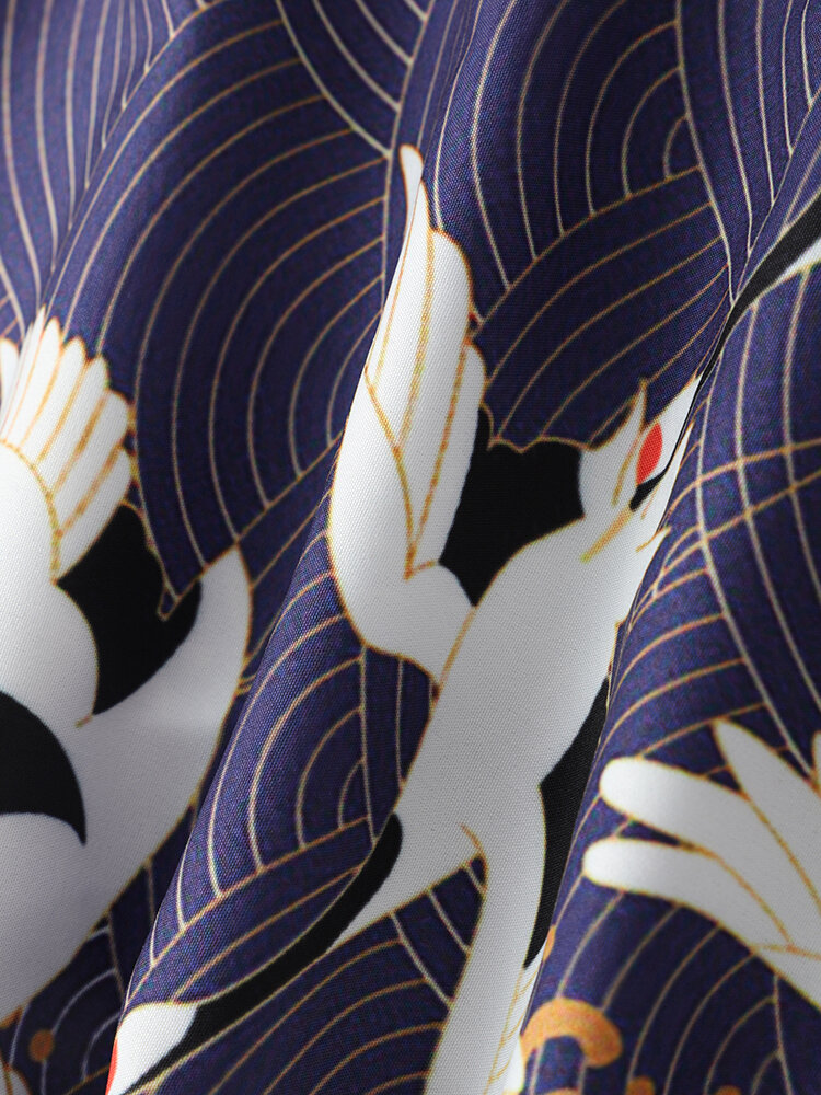 
	Mens Ethnic Style Crane Print Open Front Kimono Casual Two Pieces Outfits