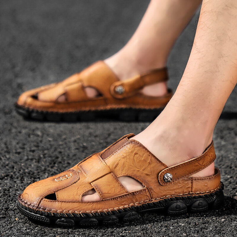 
	Men Cow Leather Hand Stitching Non Slip Outdoor Casual Sandals