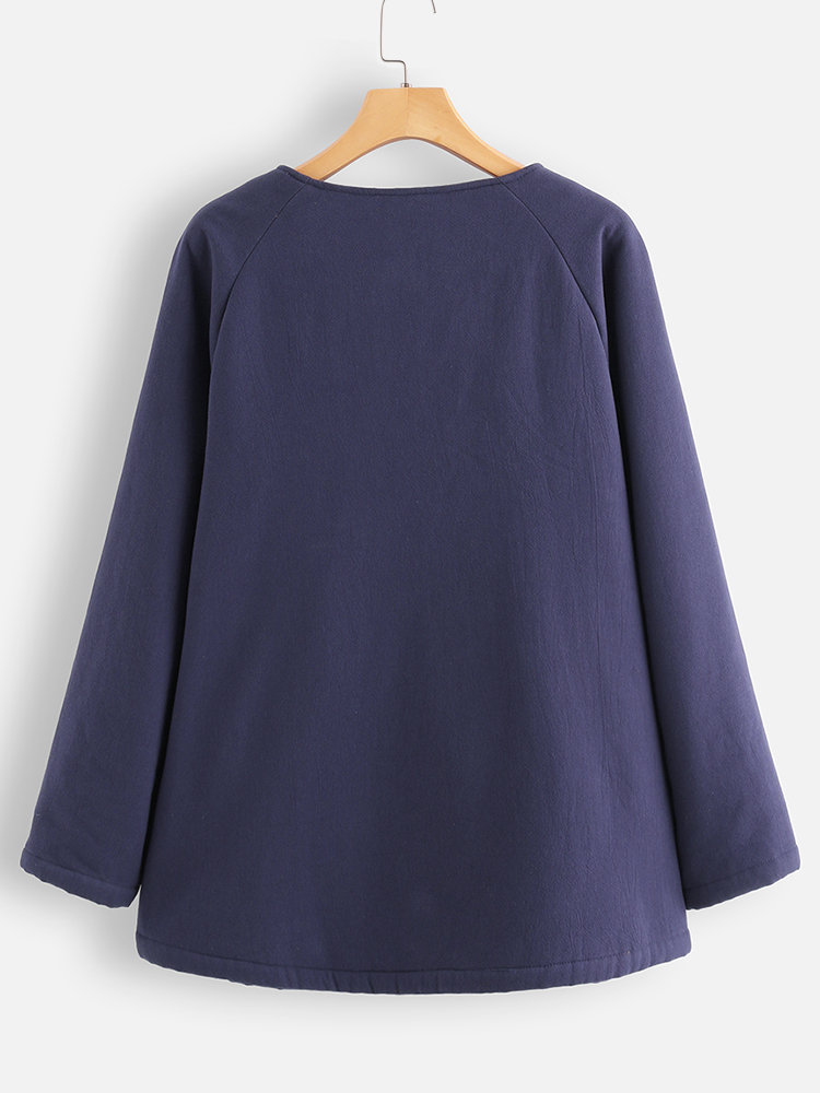 
	Vintage Embroidered Warm Fleece Frog Button Winter Coat