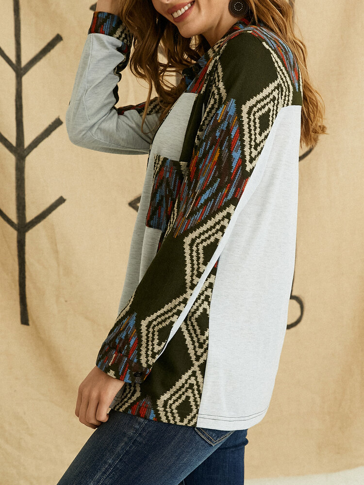 
	Geometric Print Patchwork Lapel Collar Button Ethnic Sweatshirt for Women