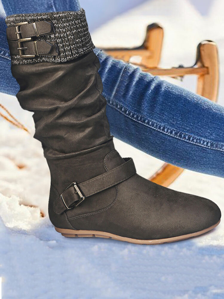 
	Women&rsquo;s Plus Size Buckle Decor Suede Woolen Warm Zipper Flat Knee Boots