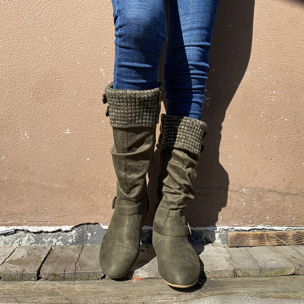 
	Women&rsquo;s Plus Size Buckle Decor Suede Woolen Warm Zipper Flat Knee Boots