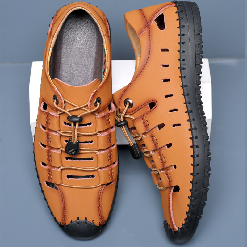 
	Men Hand Stitching Leather Non Slip Elastic Lace Casual Sandals