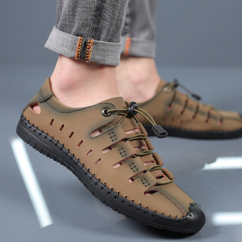 
	Men Hand Stitching Leather Non Slip Elastic Lace Casual Sandals