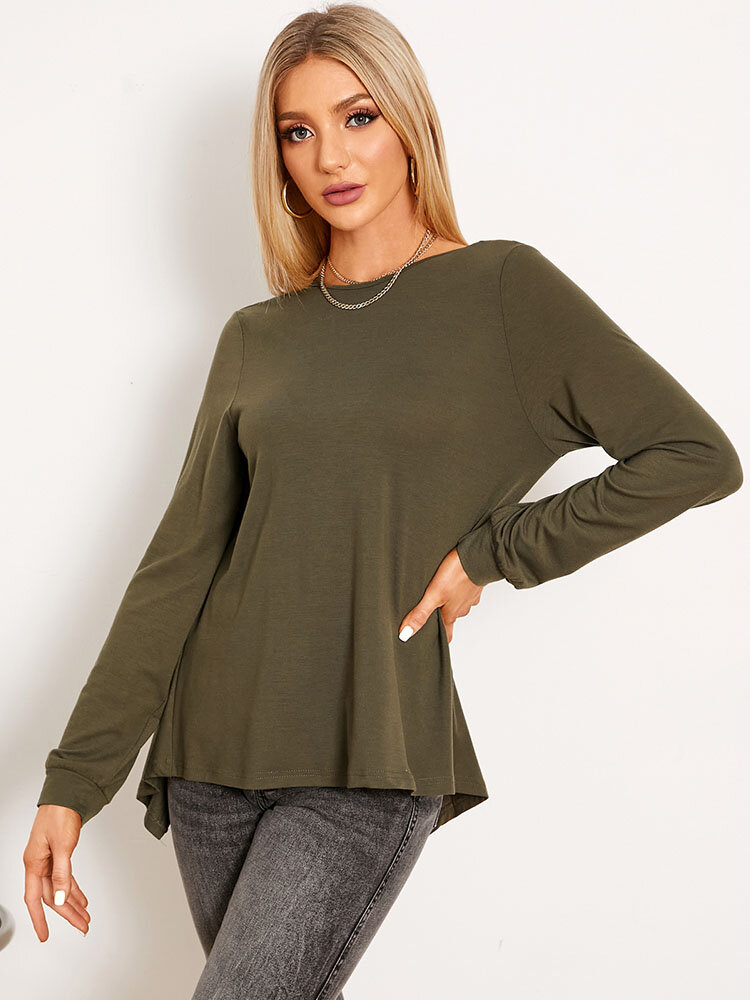 
	Solid Backless Twisted Long Sleeve Crew Neck T-shirt