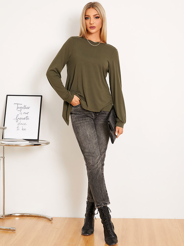 
	Solid Backless Twisted Long Sleeve Crew Neck T-shirt