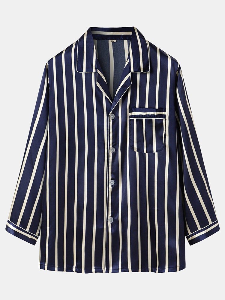 
	Mens Striped Revere Collar Button Up Faux Silk Cozy Pajamas Sets
