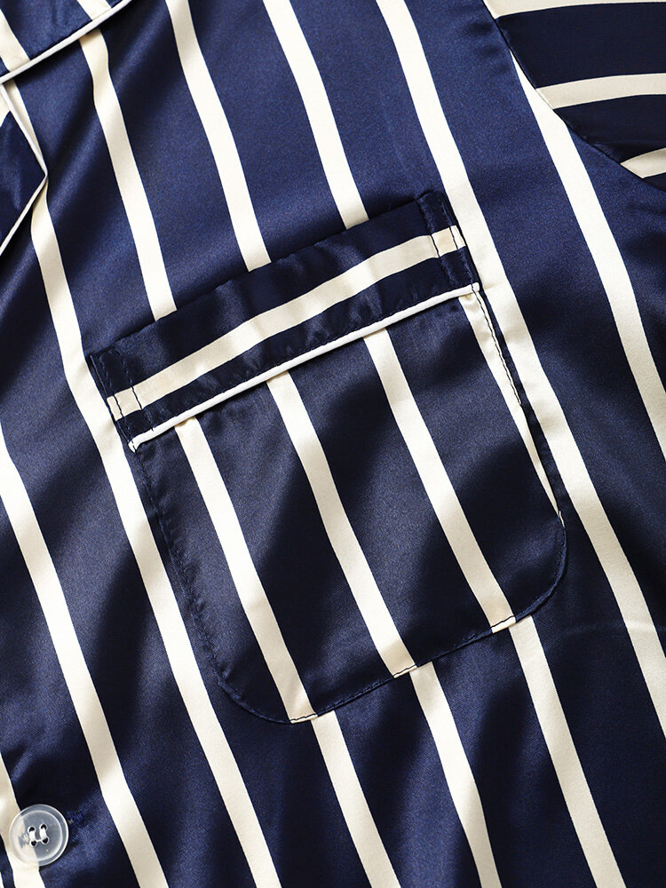 
	Mens Striped Revere Collar Button Up Faux Silk Cozy Pajamas Sets
