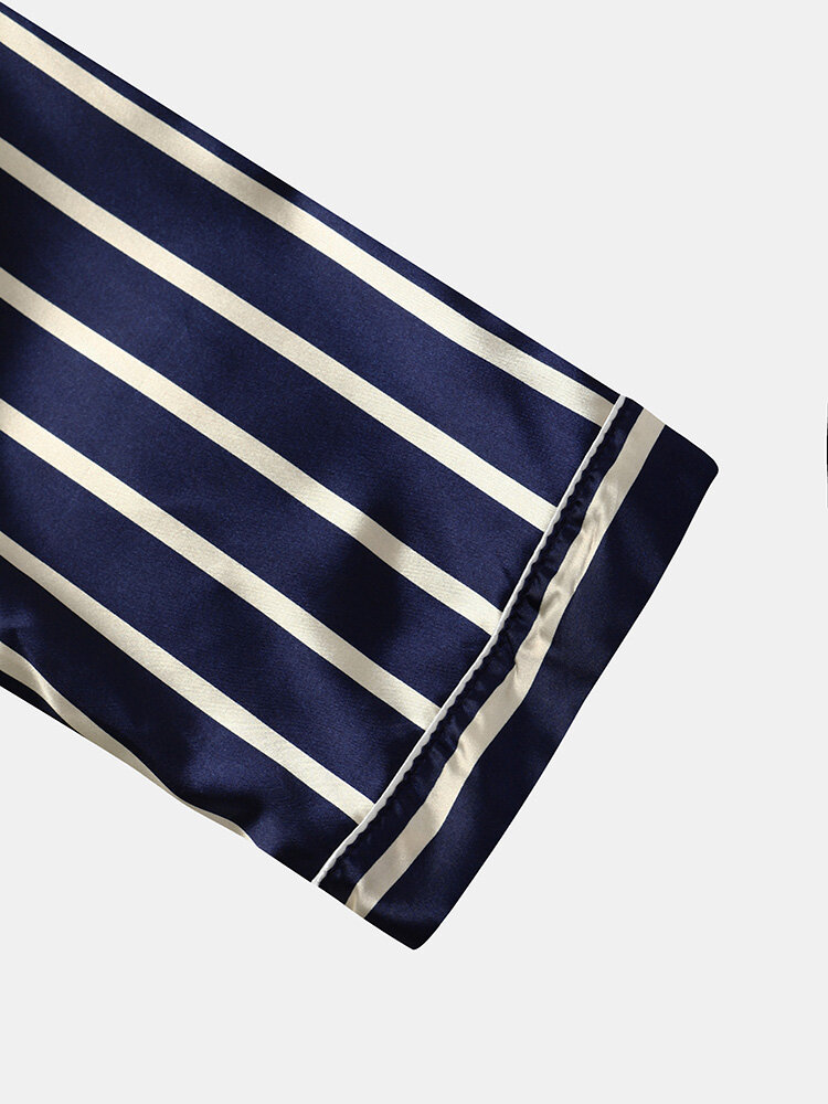 
	Mens Striped Revere Collar Button Up Faux Silk Cozy Pajamas Sets