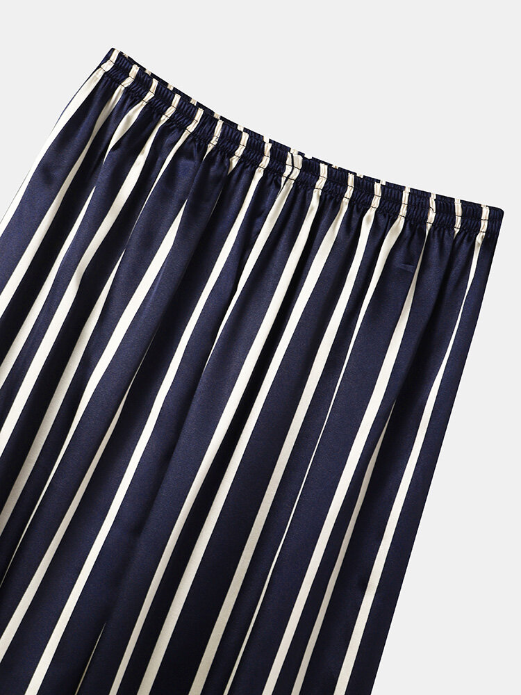 
	Mens Striped Revere Collar Button Up Faux Silk Cozy Pajamas Sets