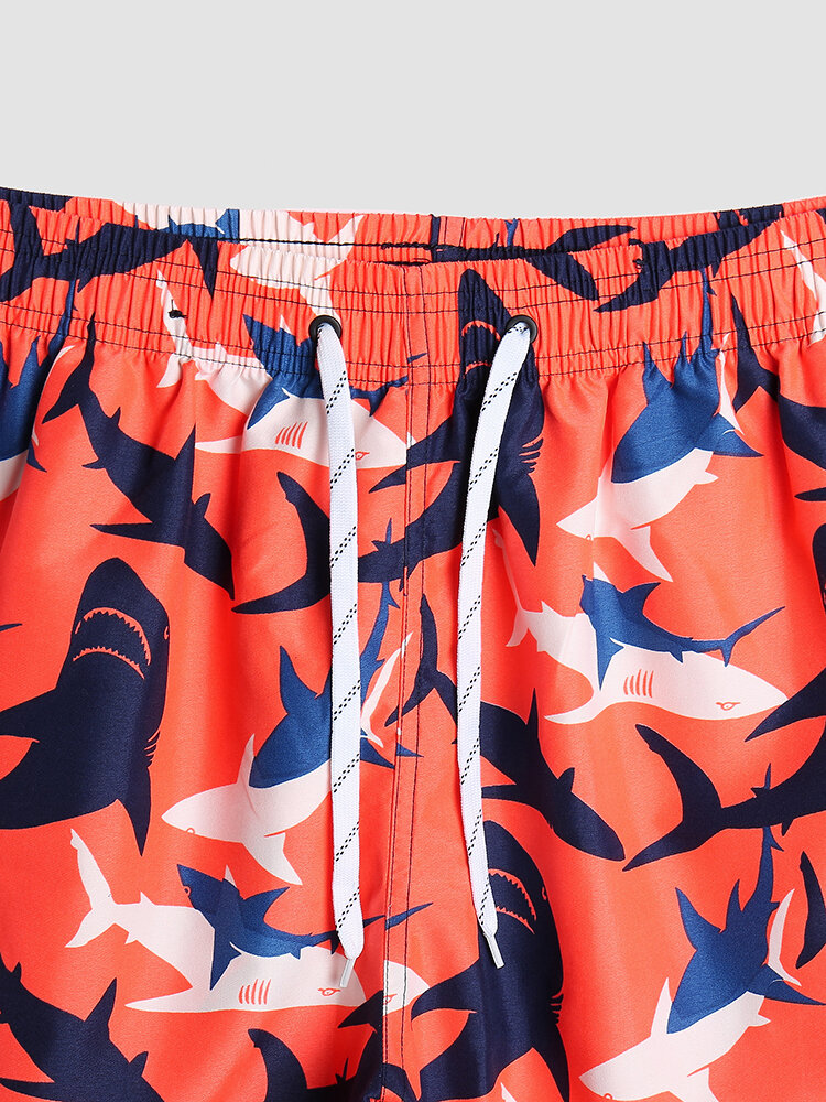 
	Men Cartoon Shark Print Ocean Style Lightweight Thin Seaside Board Shorts