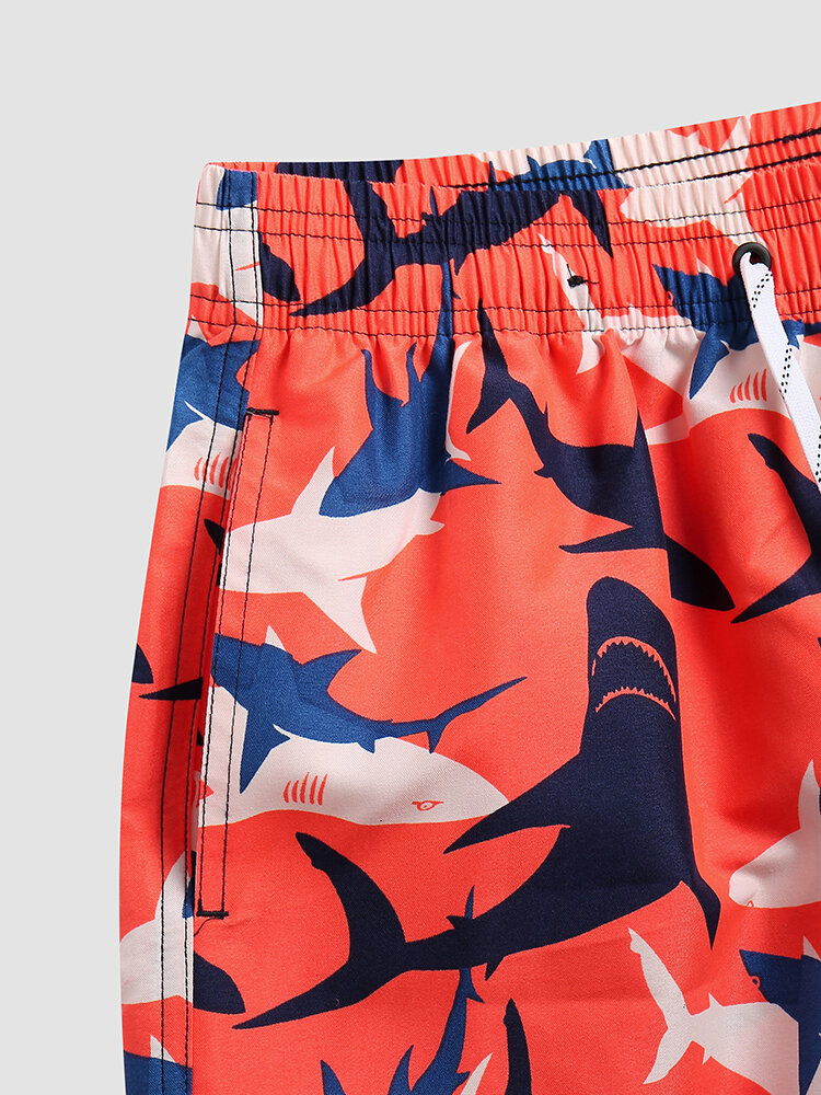 
	Men Cartoon Shark Print Ocean Style Lightweight Thin Seaside Board Shorts