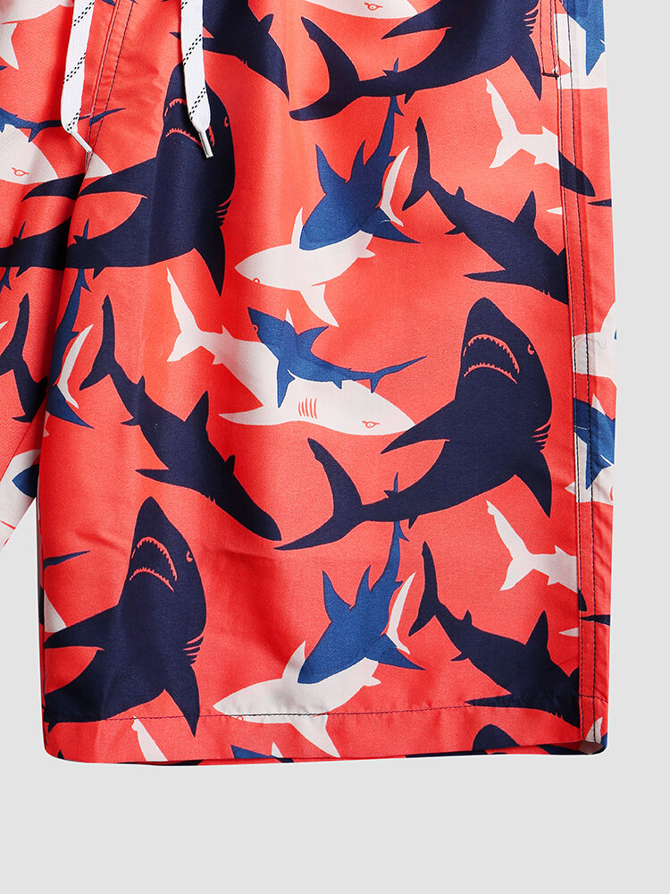 
	Men Cartoon Shark Print Ocean Style Lightweight Thin Seaside Board Shorts