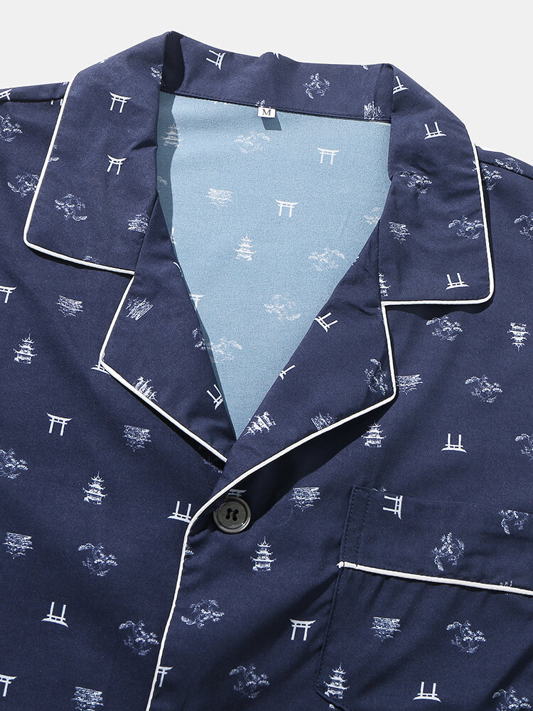 
	Mens Satin Silk Pattern Print Lapel Casual Homewear Pajamas Set