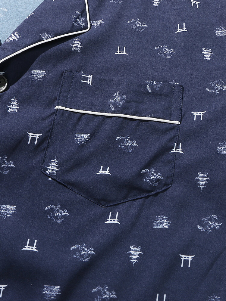 
	Mens Satin Silk Pattern Print Lapel Casual Homewear Pajamas Set