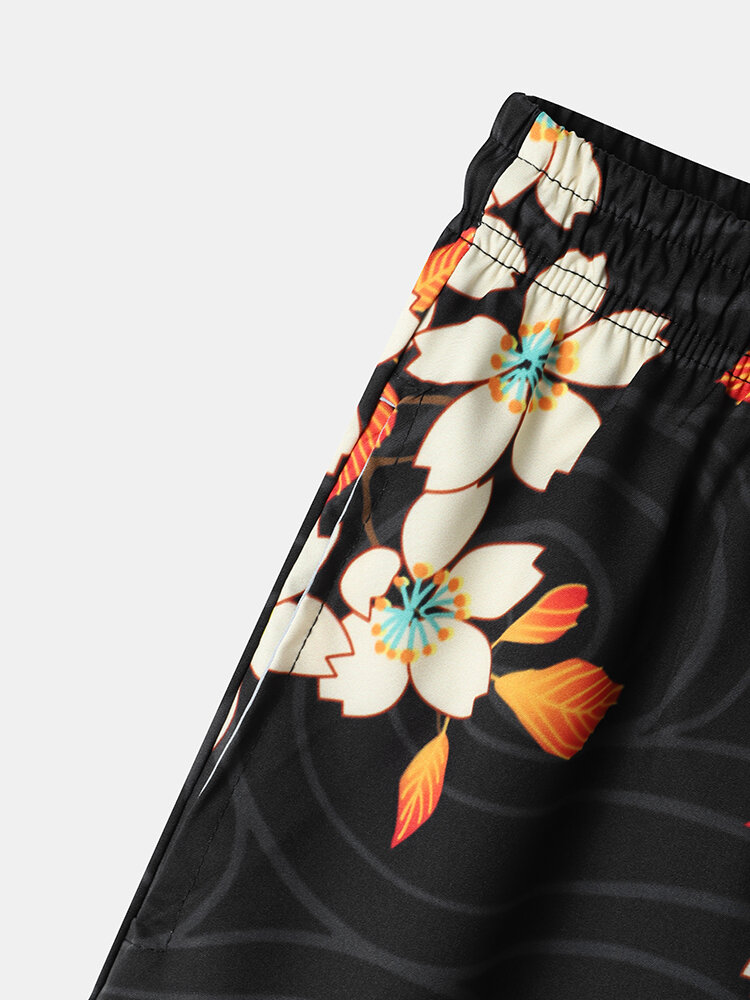 
	Mens Floral Crane Print Open Front Kimono Ethnic Style Two Pieces Outfits