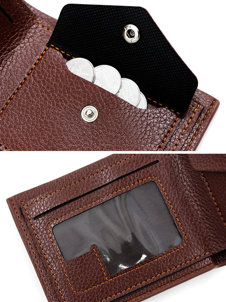 
	Men Artificial Leather Vintage Embrossed Design Brief Short Wallet Magnet Button Interior Zipper Pocket Slim Purse