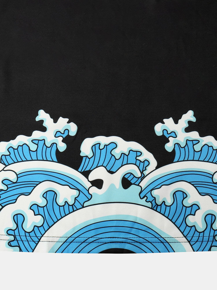 
	Mens Japanese Style Wave Print Open Front Kimono Two Pieces Outfits