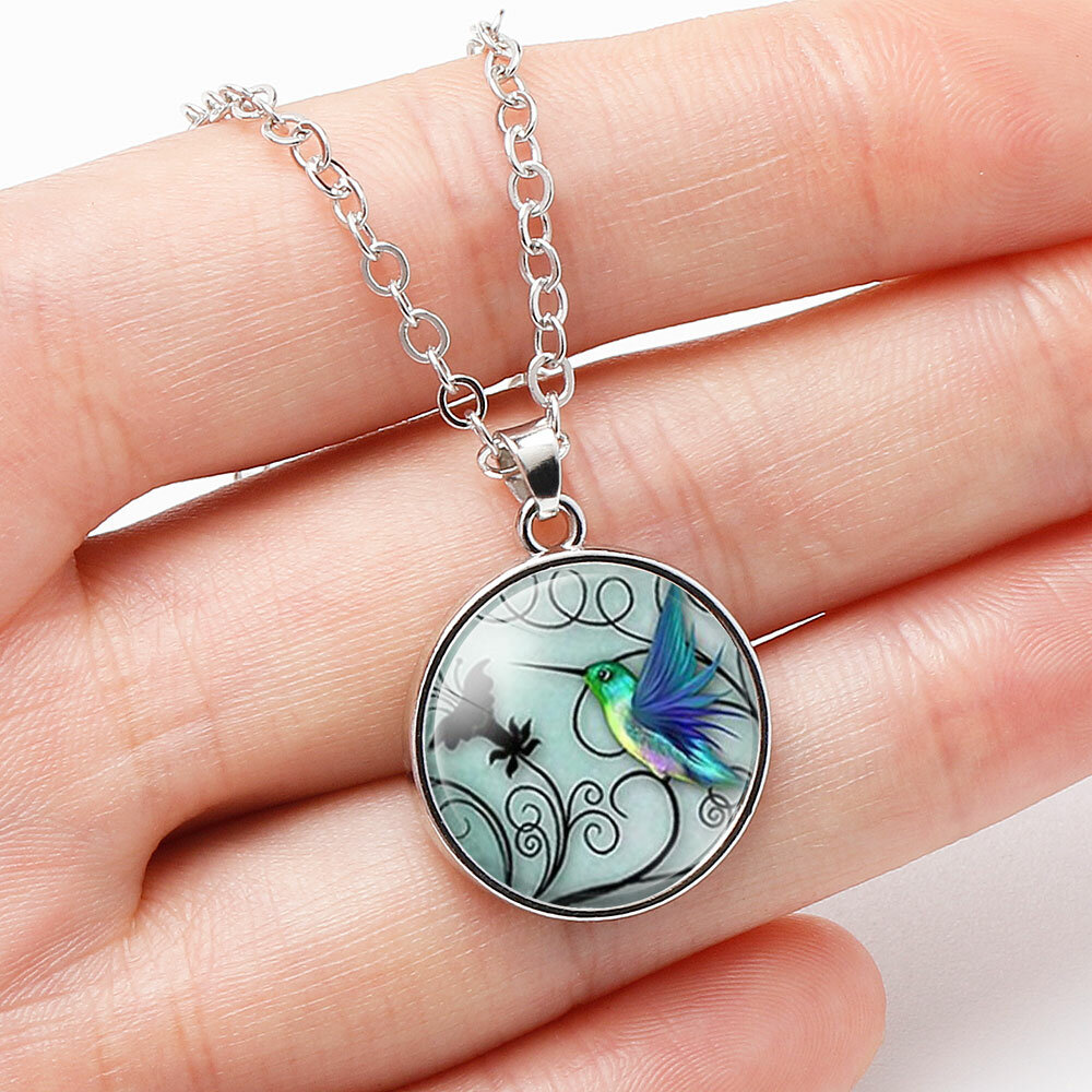 
	Fashion Creative Blue Hummingbird Pendant Necklace Round Glass Women Necklace Jewelry Gifts