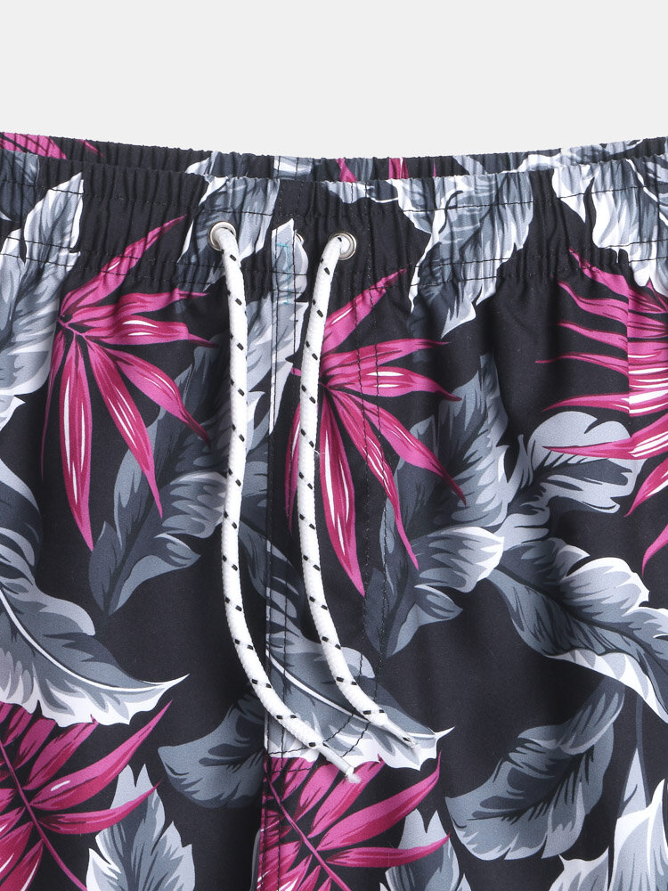 
	Mens Tropical Leaf Print Mesh Liner Drawstring Board Shorts