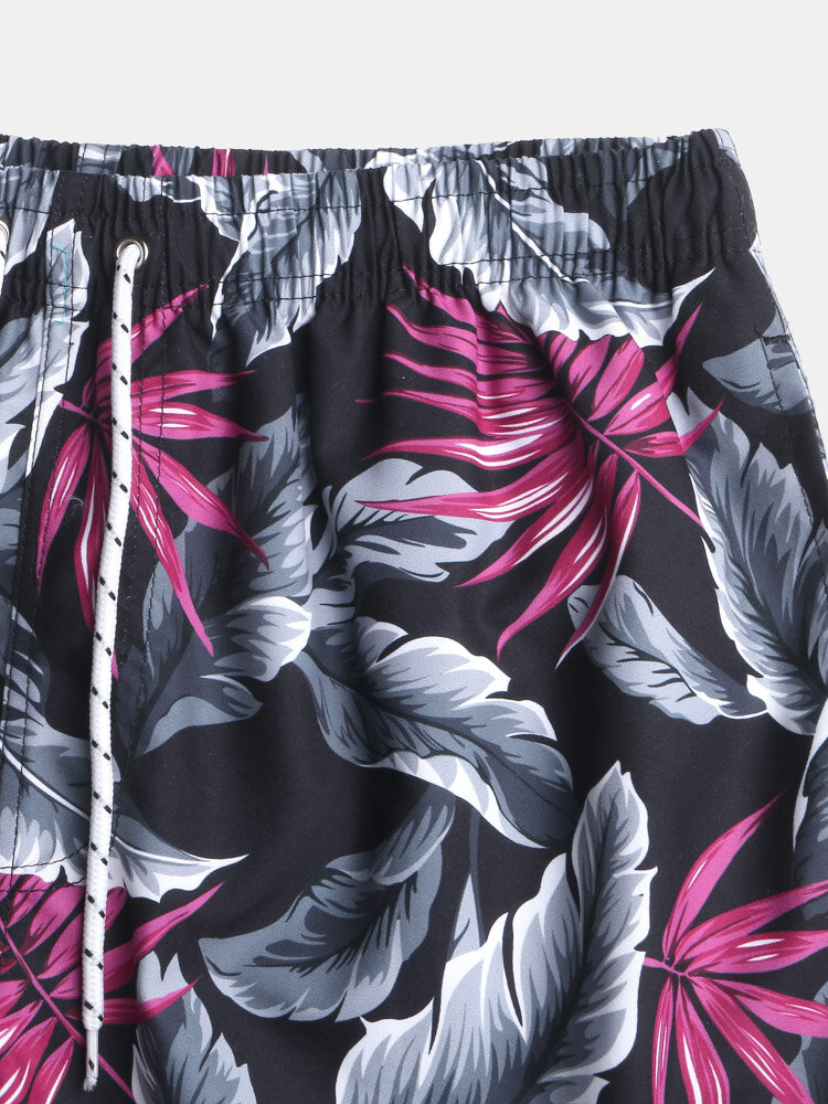 
	Mens Tropical Leaf Print Mesh Liner Drawstring Board Shorts