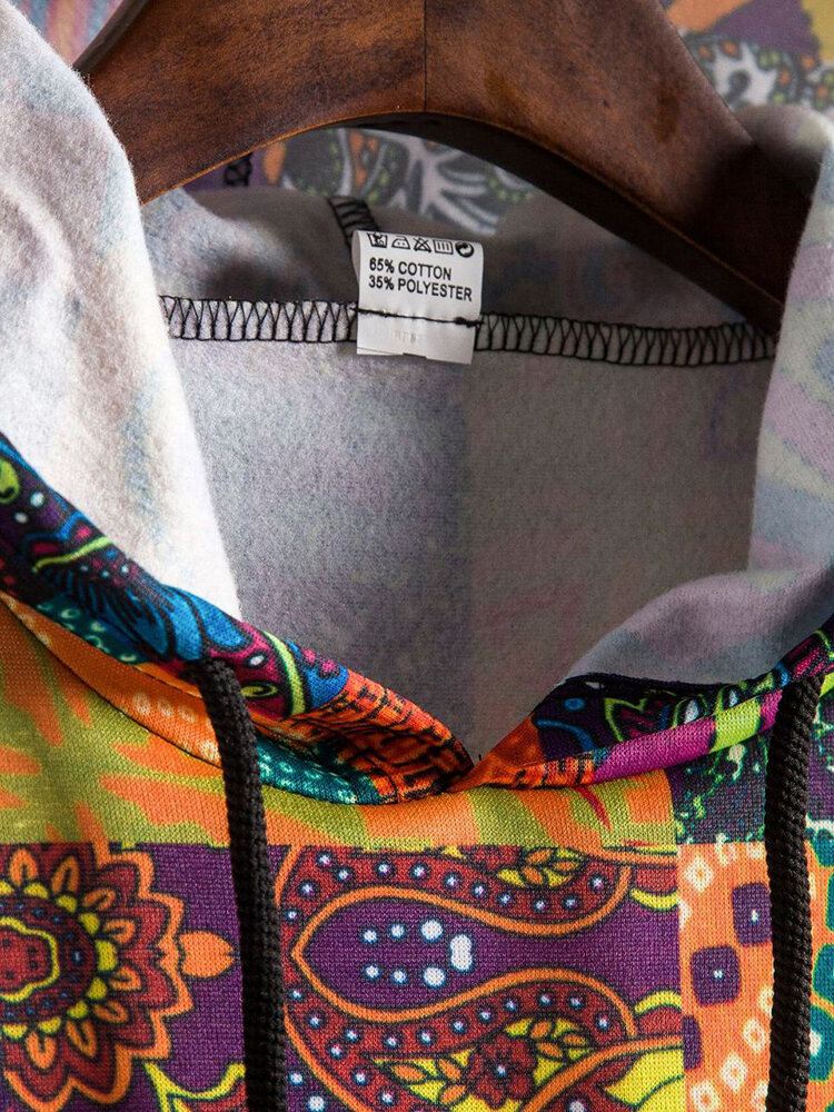 
	Vintage Patchwork Print Long Sleeve Drawstring Hoodie