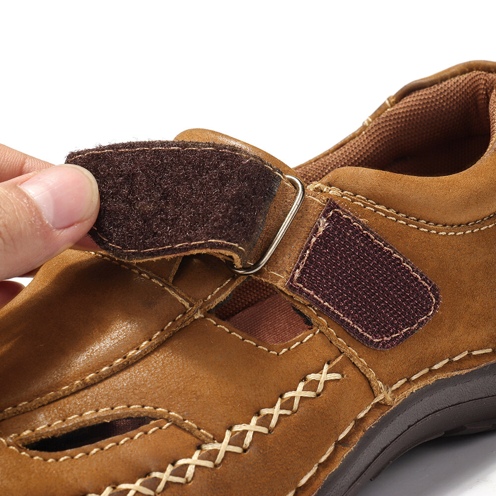 
	Menico Men Retro Leather Stitching Non Slip Hook Loop Casual Sandals
