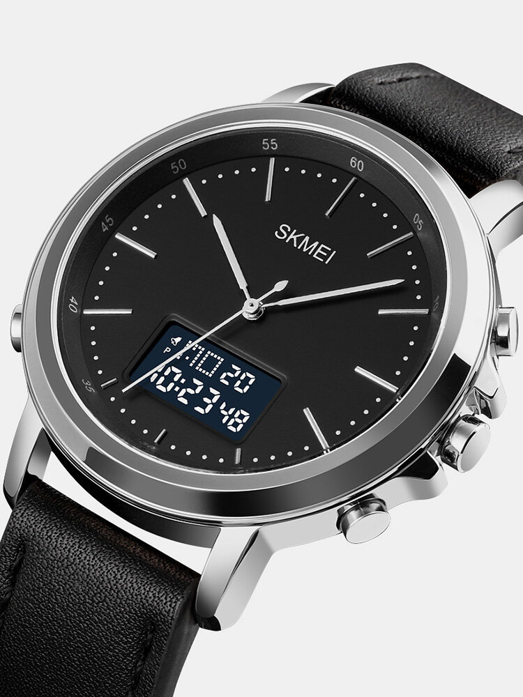 
	Leather Alarm Stopwatch Sport Watch Luminous Display Men Waterproof Dual Display Digital Watch