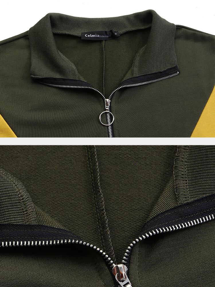 
	Women Contrast Color Patchwork Zip Front Casual Sweatshirt