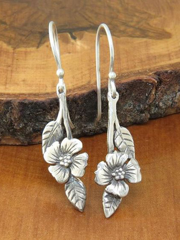 
	Vintage Rose Flower Leaf Women Earrings Two-Tone Symmetrical Pendant Earrings