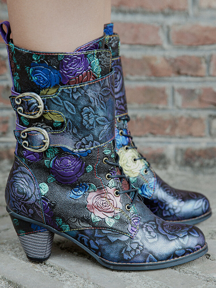 
	SOCOFY Vintage Floral Embossed Genuine Leather Warm Lining Casual Chunky Heel Boots