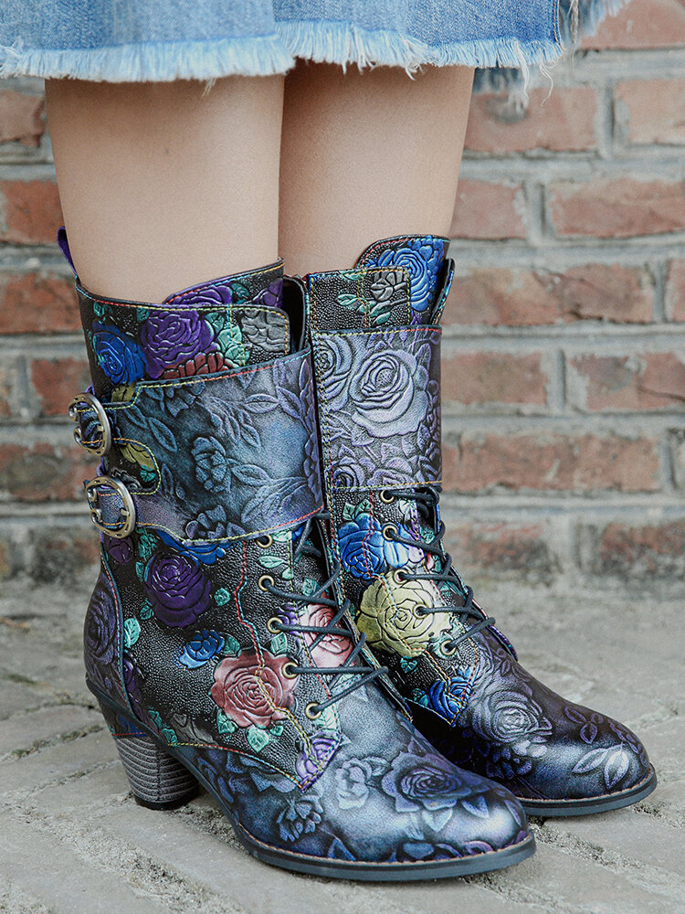 
	SOCOFY Vintage Floral Embossed Genuine Leather Warm Lining Casual Chunky Heel Boots