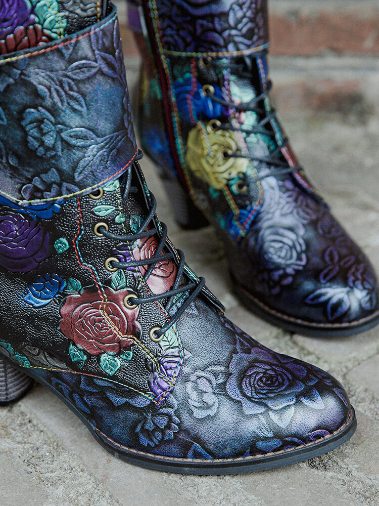 
	SOCOFY Vintage Floral Embossed Genuine Leather Warm Lining Casual Chunky Heel Boots