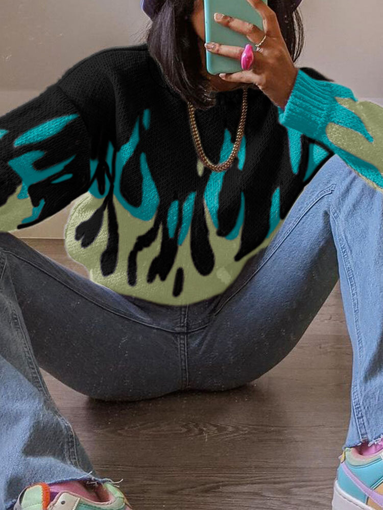 
	Contrast Color Long Sleeve O-neck Loose Knitted Sweater