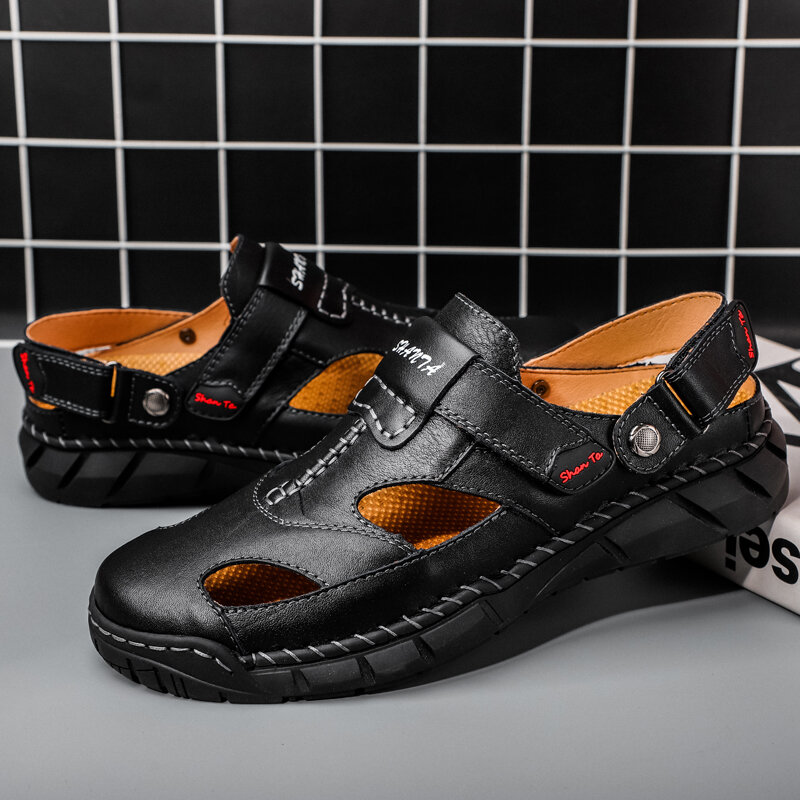 
	Men Genuine Leather Non Slip Hand Stitching Soft Sole Casual Sandals