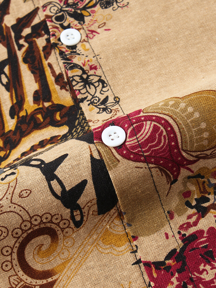 
	Mens Thin & Breathable Cotton Tribal Pattern Vintage Lapel Holiday Casual Shirt