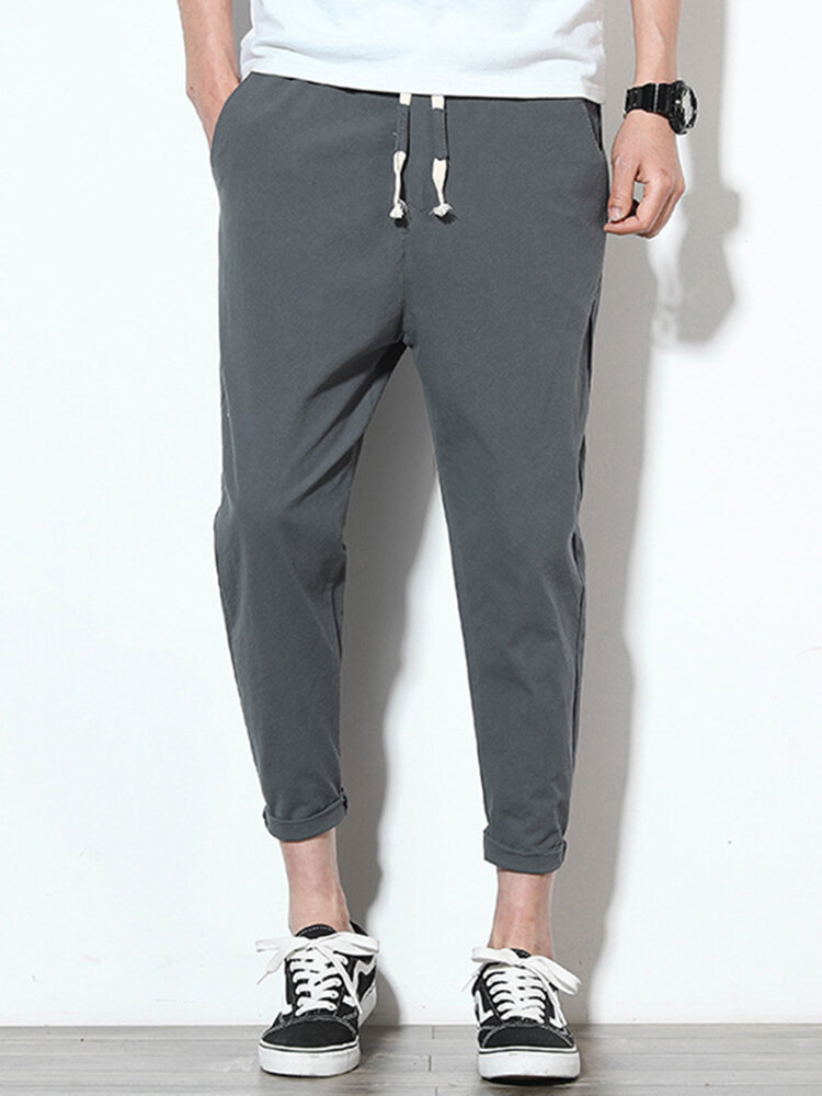 
	Mens Cotton Linen Solid Color Slim Fit Casual Pants