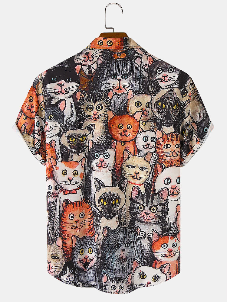 
	Mens Halloween Allover Funny Cat Print Casual Loose Fit Short Sleeve Shirts
