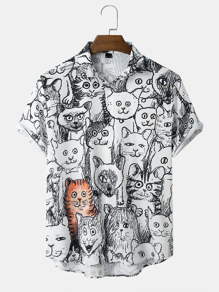 
	Mens Halloween Allover Funny Cat Print Casual Loose Fit Short Sleeve Shirts