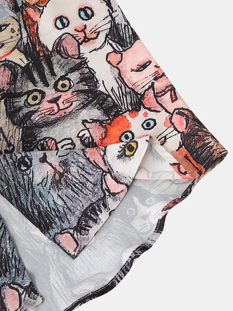 
	Mens Halloween Allover Funny Cat Print Casual Loose Fit Short Sleeve Shirts