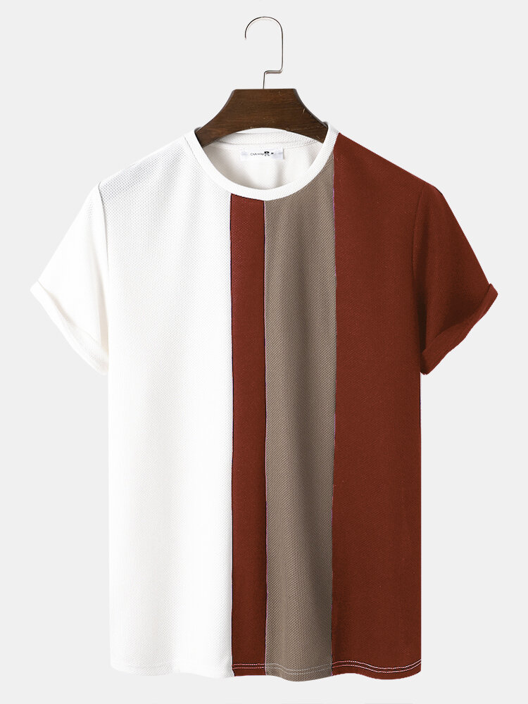 
	Mens Block Stripe Stitching Knitted Preppy Short Sleeve T-Shirts