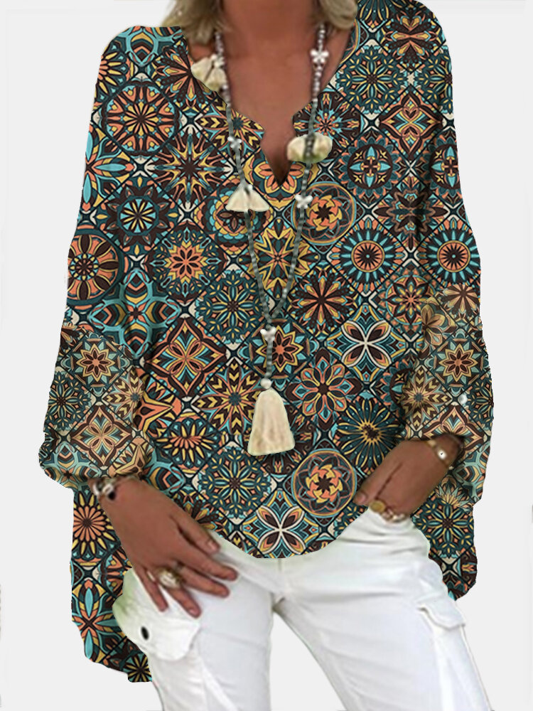 
	Geometric Printed Long Sleeve V-neck Casual Blosue For Women